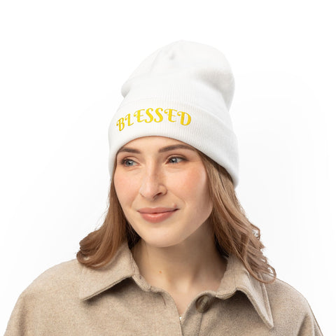 "Blessed" Warm and Cozy  Embroidered Knit Beanie Winter Hat